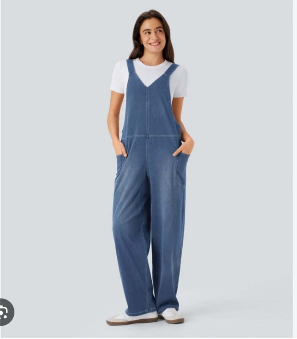 Halara Overalls Womens XS Blue Denim Sleeveless V Neck Wide Leg Pockets Casual